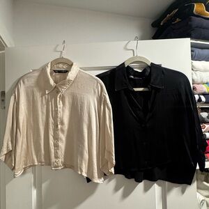 ZARA Cream and Black Satin Button-Up Crop Blouses